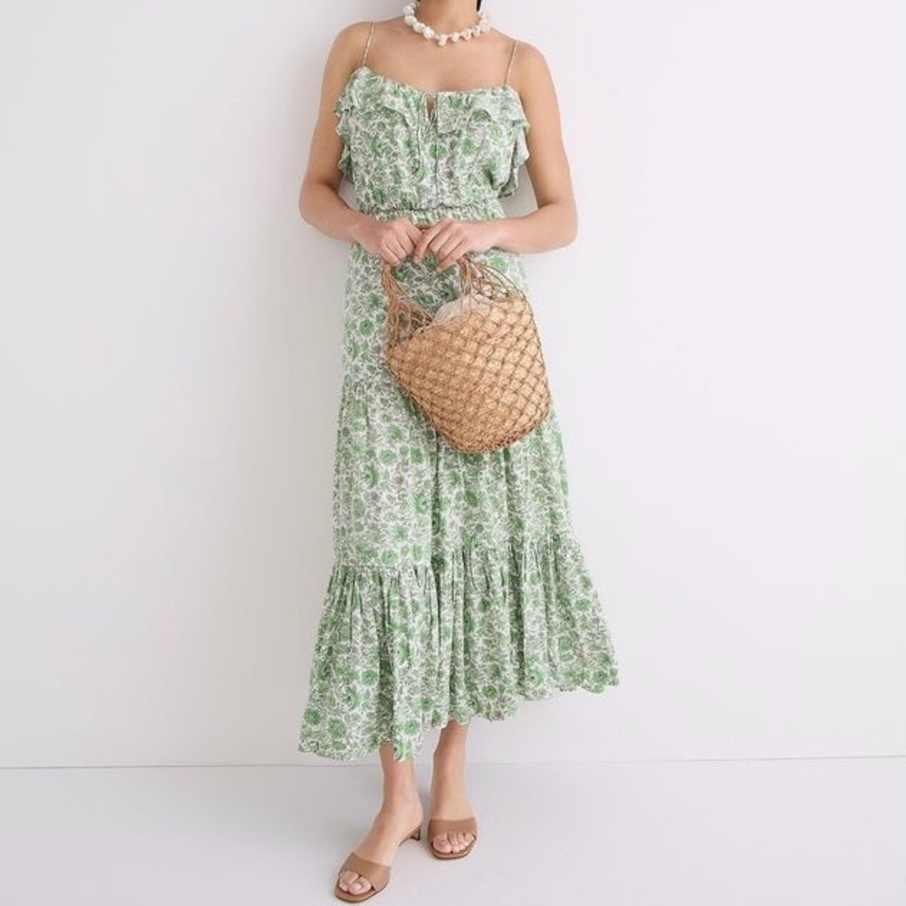 Jcrew Floral Maxi Tiered Ruffle Dress Green Victorian Coquette Cottage Resort M - Picture 4 of 9